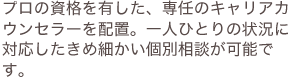 プロの資格を有した、専任のキャリアカウンセラーを配置。一人ひとりの状況に対応したきめ細かい個別相談が可能です。